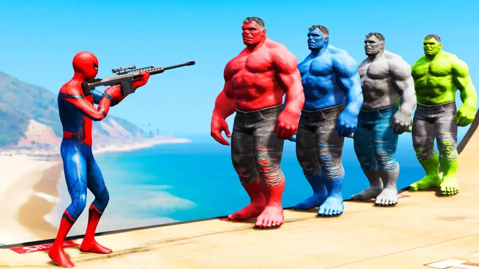 GTA 5 Water Ragdolls Spiderman vs Red Hulk vs Blue Hulk vs Green Hulk Jumps  Fails (Funny Moments) - Bilibili