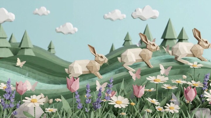 Geometric paper rabbits hopping over colorful flowers in spring meadow