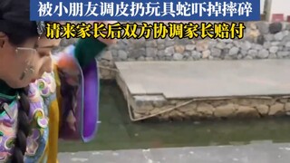 女子摆摊卖手镯过程中，被小朋友调皮扔玩具蛇吓掉摔碎
