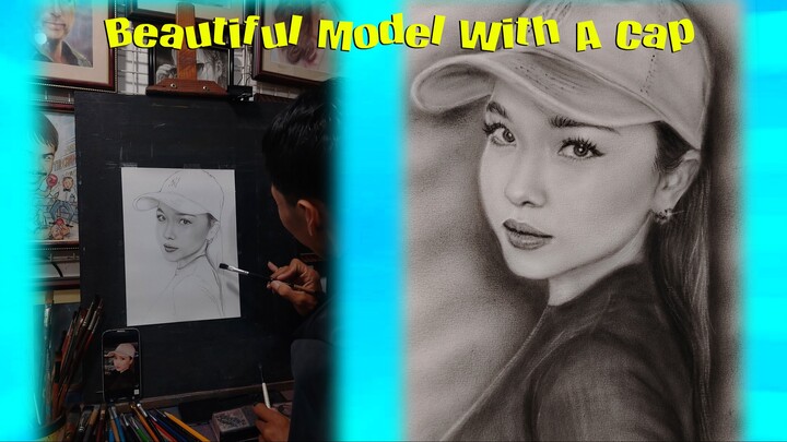 Charcoal Drawing Of  A Beautiful Model With A Cap