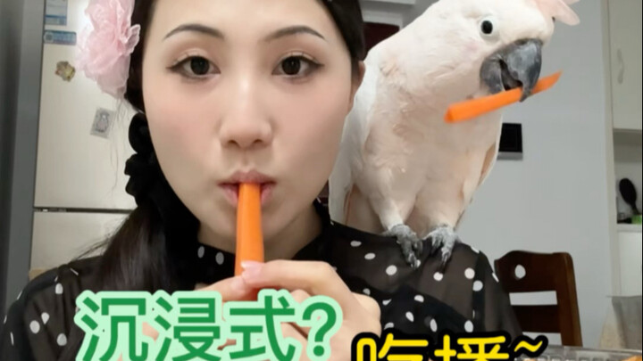 Melakukan siaran makan sambil membawa burung nuri!