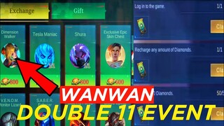 WANWAN DOUBLE 11 EVENT PRIZE POOL || MOBILE LEGENDS NEW FREE SKIN EVENT || MLBB