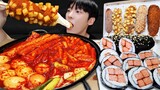 ASMR MUKBANG | 직접 만든 양념치킨 떡볶이 스팸 계란 김밥 레시피 & 먹방 FRIED CHICKEN AND FIRE NOODLES EATING