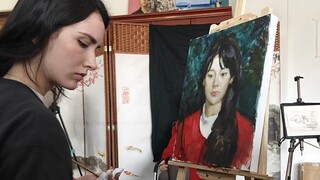 Seniman Akademi Seni Rupa Repin, Alisa, memberikan demonstrasi kepada siswa