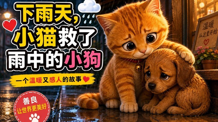 下雨天，小猫救了躲在雨中的小狗 🐱❤️🐶