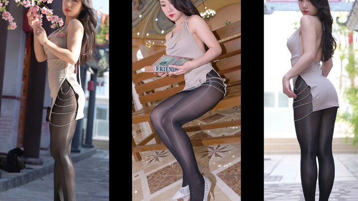 Black stockings, backless one-piece dress, high heels