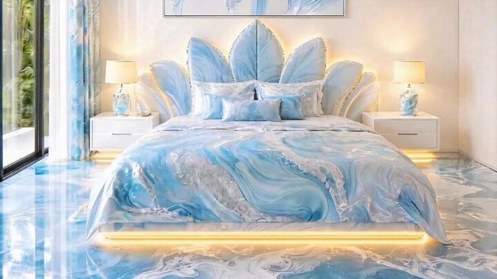 THIS BEDROOM IS SO IMPRESSIVE😱🩵🌊Blue Lily Water Wave Epoxy Luxury Floor🪷🌊