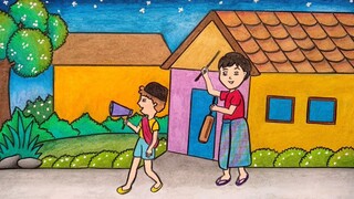 Menggambar tema ramadhan || Menggambar kegitan ramadhan || Gambar sahur