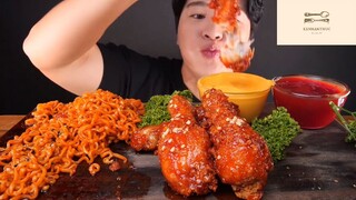 Mukbang gà gán cay chấm sốt phô mai phần 2 #anngon