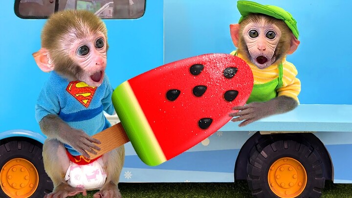 Monkey Baby Bon Bon eat so yummy watermelon with ducklings in the garden and Play Selling Ice Cream