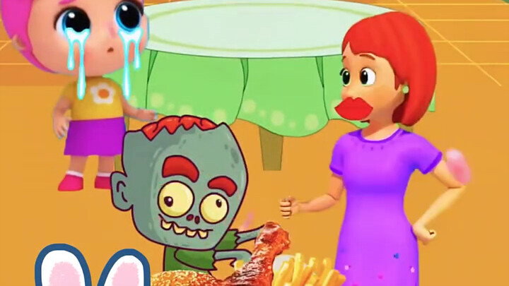 Mom tells the zombie to eat a burger!