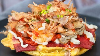 Okonomiyaki seafood raksasa, 7 tiram segar dan 4 udang besar, sekali gigit langsung tambah tenaga!