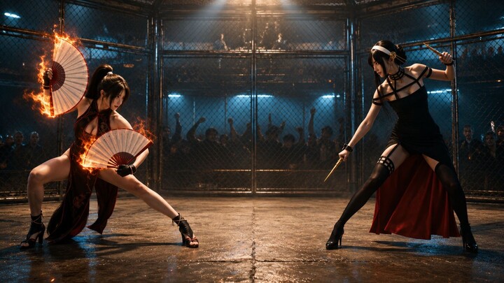 Mai Shiranui vs. Zorro Fajer in an intense showdown at the Cage Arena