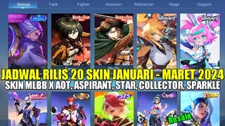 BOCORAN JADWAL RILIS 20 SKIN MOBILE LEGENDS JANUARI SAMPAI MARET 2024! SKIN AOT, ASPIRANT, SPARKLE