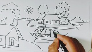 Simple Village scenery drawing. Scenery drawing. গ্রামের দৃশ্য আকাঁ। ছবি আকাঁ শে