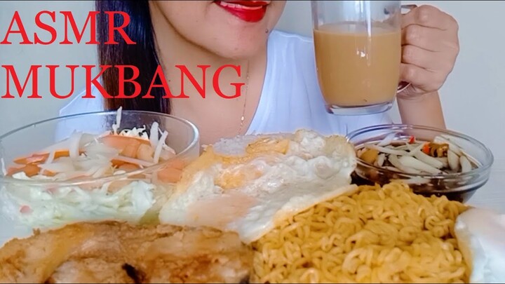 ASMR MUKBANG FRIED SALMON + PANCIT CANTON + EGG + CABBAGE SALAD W/ COFFEE | EATING SHOW | NO TALKING