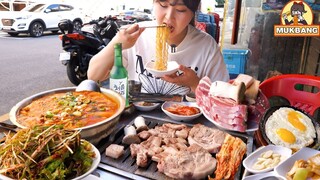 날씨 좋은날 야장에서 삼겹살에 한잔.. 🍺 김치찌개라면까지 완벽했던 먹방 | 동대문 답십리 우리동네 연탄구이, 소금구이, 갈매기살, 비빔냉면 Mukbang