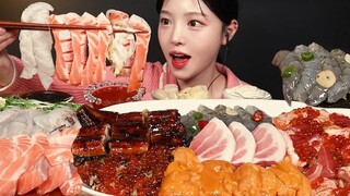 [Subtitel Bahasa Mandarin Boki] Hari ini aku menyantap sashimi salmon dan acar udang, dicelupkan ke 