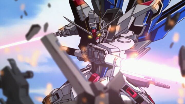 Gundam burning to the clip, holding the sword of freedom, the bird of peace soaring in the sky, sing