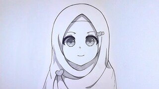 cara menggambar anime berhijab