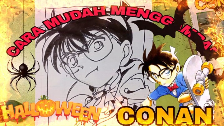 cara mudah menggambar conan Edogawa
