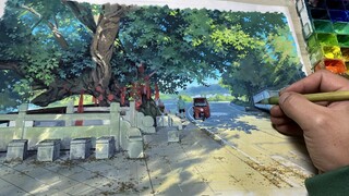 Màu nước *c, vẽ tay ánh sáng và bóng tối dưới gốc cây cổ thụ.