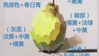 Contoh kecil cara mencampur warna untuk melukis benda mati berupa buah pir