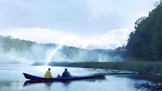 就在两个钓鱼佬钓鱼之际，突然传来一连串的雷鸣，甚至有一道闪电击中了湖面