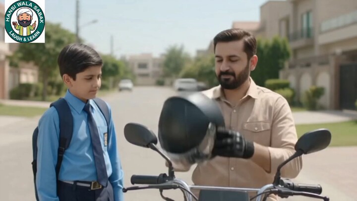 Realistic video, a small Pakistani school boy in white shirt, red tie, black shorts standing on road