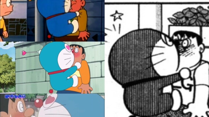 Four versions of Doraemon kissing Fat Tiger