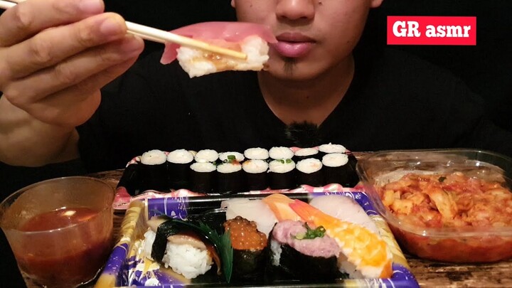 asmr,mukbang makanan jepang sushi daging ikan mentah