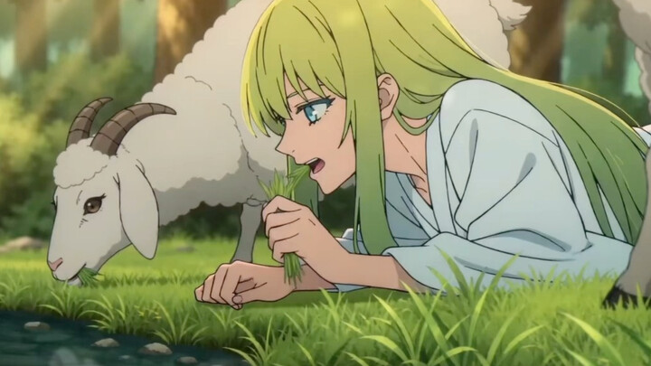 I’m delighted that the mysterious green-haired clay figure is eating grass!