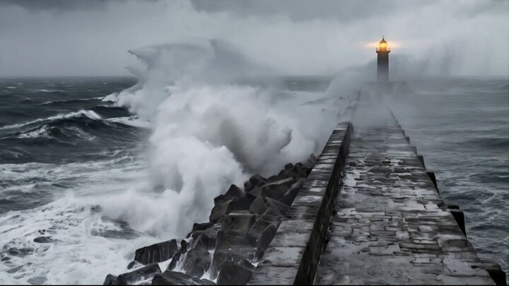 狂风暴雨中的灯塔！巨浪拍岸太震撼了 🌊⛈️