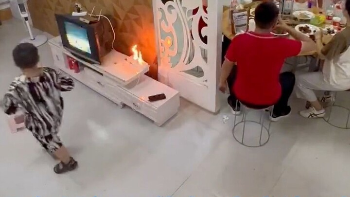 The power strip caught fire, the parents were having an immersive dinner together, and the kid calml
