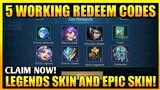 5 WORKING CODES LEGENDS SKINS AND EPIC SKINS REWARDS!! | REDEEM NOW!! | MOBILE LEGENDS 2020