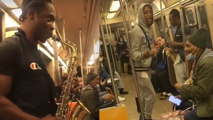 A quarrel broke out on the subway in the United States, and the young man played his saxophone to li