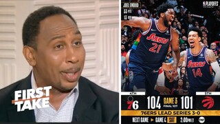 First Take | Stephen A. "excited" Joel Embiid's 3-pts in final second leads 76ers past Raptors in OT