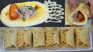 ขนมโตเกียวไส้หมูสับไส้กรอก สูตรแป้งนุ่ม  Pancake rolls Thai style