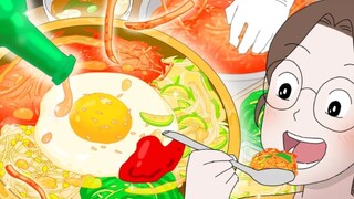 下班后一人食吃播动画:妈妈牌拌饭、菠菜大酱汤,一定要看到结尾有惊喜哦！