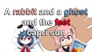 A rabbit and a ghost and the feet capri sun