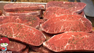 ตลาดกลางคืนบูพยองกองทง สเต๊กยืน สเต๊กยืน ปูซานสตรีทฟู้ด อาหารเกาหลีริมทาง