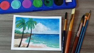 Watercolor painting || pemandangan tepi pantai