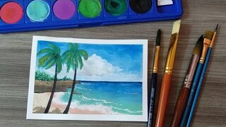Watercolor painting || pemandangan tepi pantai