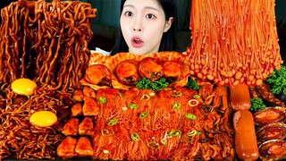 ASMR MUKBANG| 직접 만든 불닭 버섯 짜파게티 소세지 먹방 & 레시피 FRIED CHICKEN AND FIRE NOODLES EATING