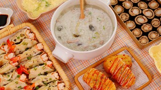 Perkedel Kentang, Dumpling Udang, Daging Gulung Nori dan Bubur