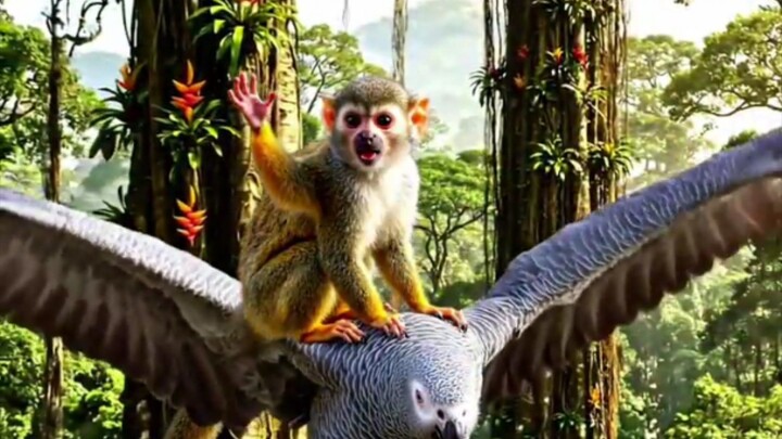 爱小猴子骑着巨型鹦鹉飞越森林！🐒🦜 奇妙的动物冒险之旅 #AI动画