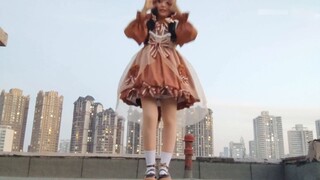 Little up is wearing a little sweet bear and dancing to the ice cream dance on the rooftop