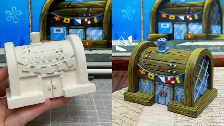 Hand-sculpting the Krusty Krab restaurant from Bikini Bottom with clay～