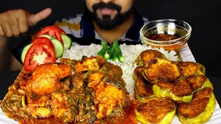 Eating PALAK/PALONG CHICKEN, Brinjal Fry, Green Chili, Tomato, Cucumber and Rice| #LiveToEATT