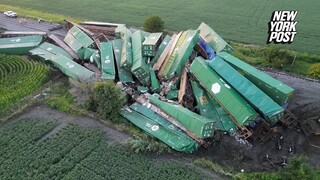 Aftermath of massive freight train derailment in Iowa, no injuries reported